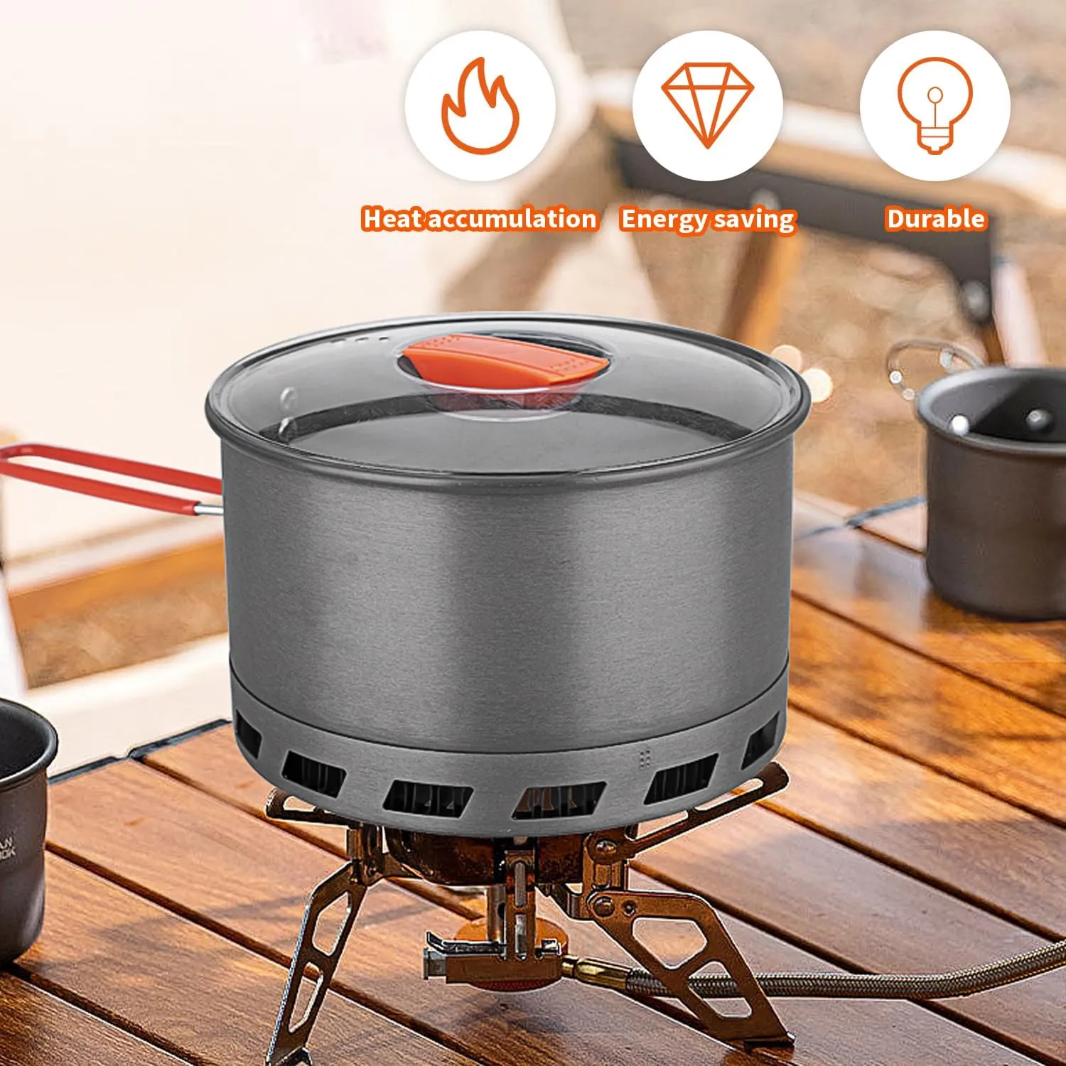 Tentock Outdoor Portable Heat Collecting Exchanger - 1L/1.5L/2.1L Camping Backpacking Hard Aluminum Pot with Folding Handle - Rapid Boil Billy Can with Compact Storage Mesh Pouch