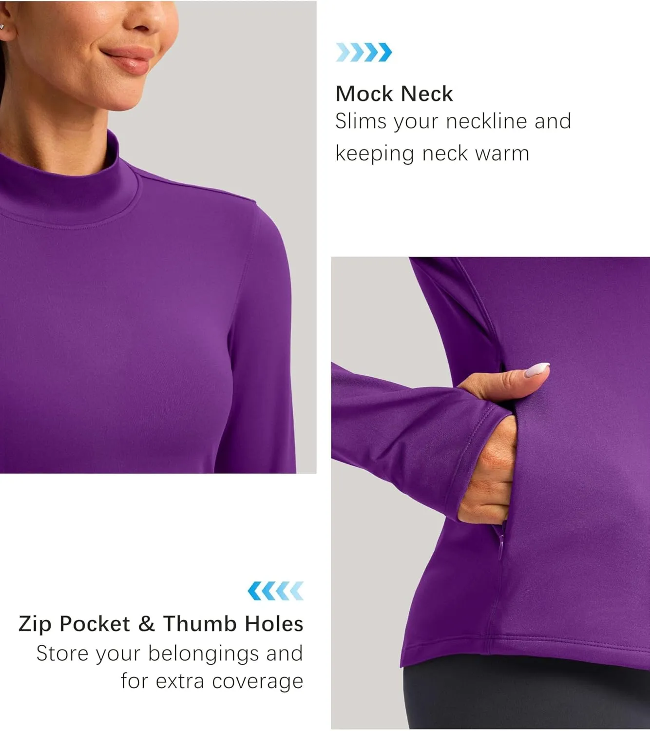 Thermal Shirts for Women Long Sleeve Mock Neck Fleece Tops Running Workout Cold Weather Gear with Zip Pocket