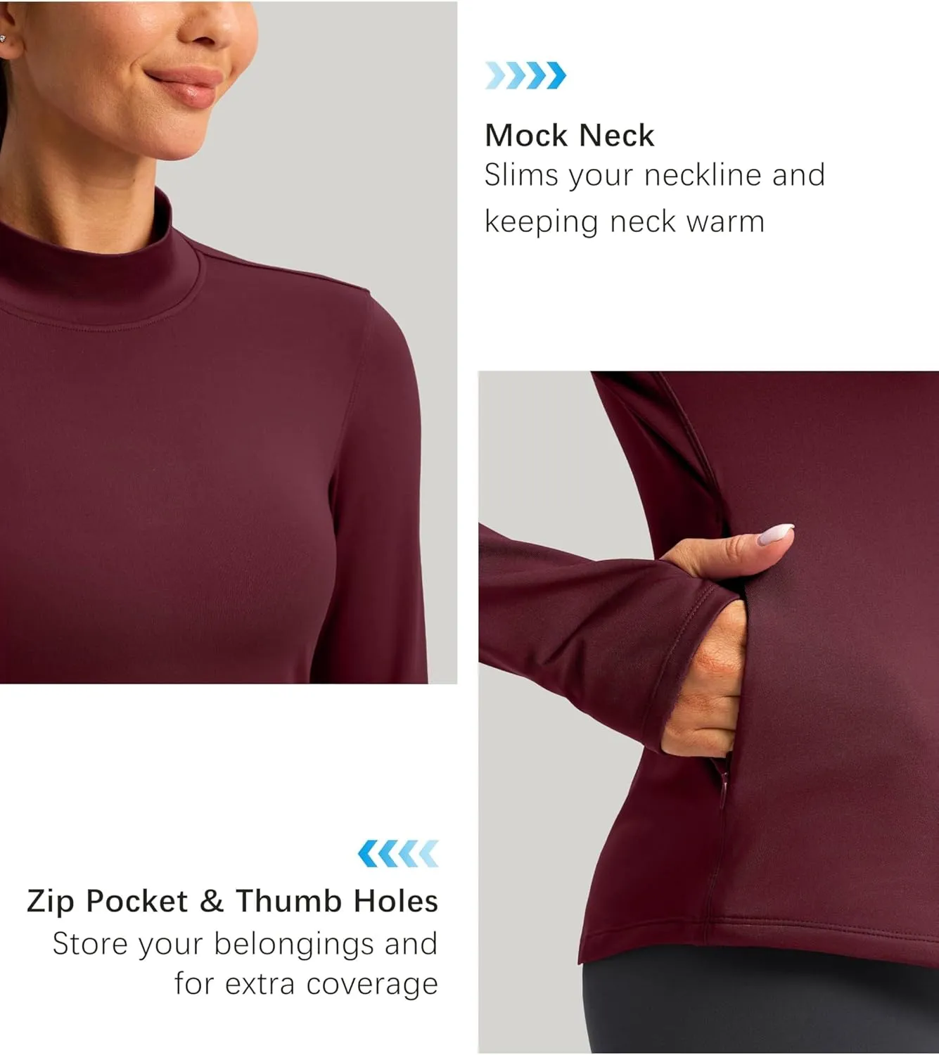 Thermal Shirts for Women Long Sleeve Mock Neck Fleece Tops Running Workout Cold Weather Gear with Zip Pocket