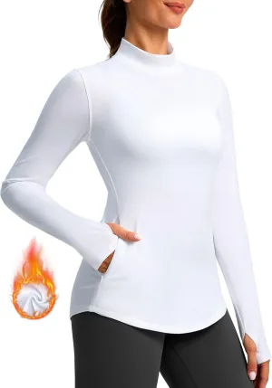 Thermal Shirts for Women Long Sleeve Mock Neck Fleece Tops Running Workout Cold Weather Gear with Zip Pocket