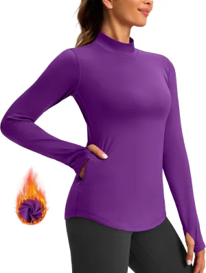 Thermal Shirts for Women Long Sleeve Mock Neck Fleece Tops Running Workout Cold Weather Gear with Zip Pocket