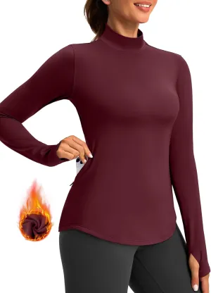 Thermal Shirts for Women Long Sleeve Mock Neck Fleece Tops Running Workout Cold Weather Gear with Zip Pocket