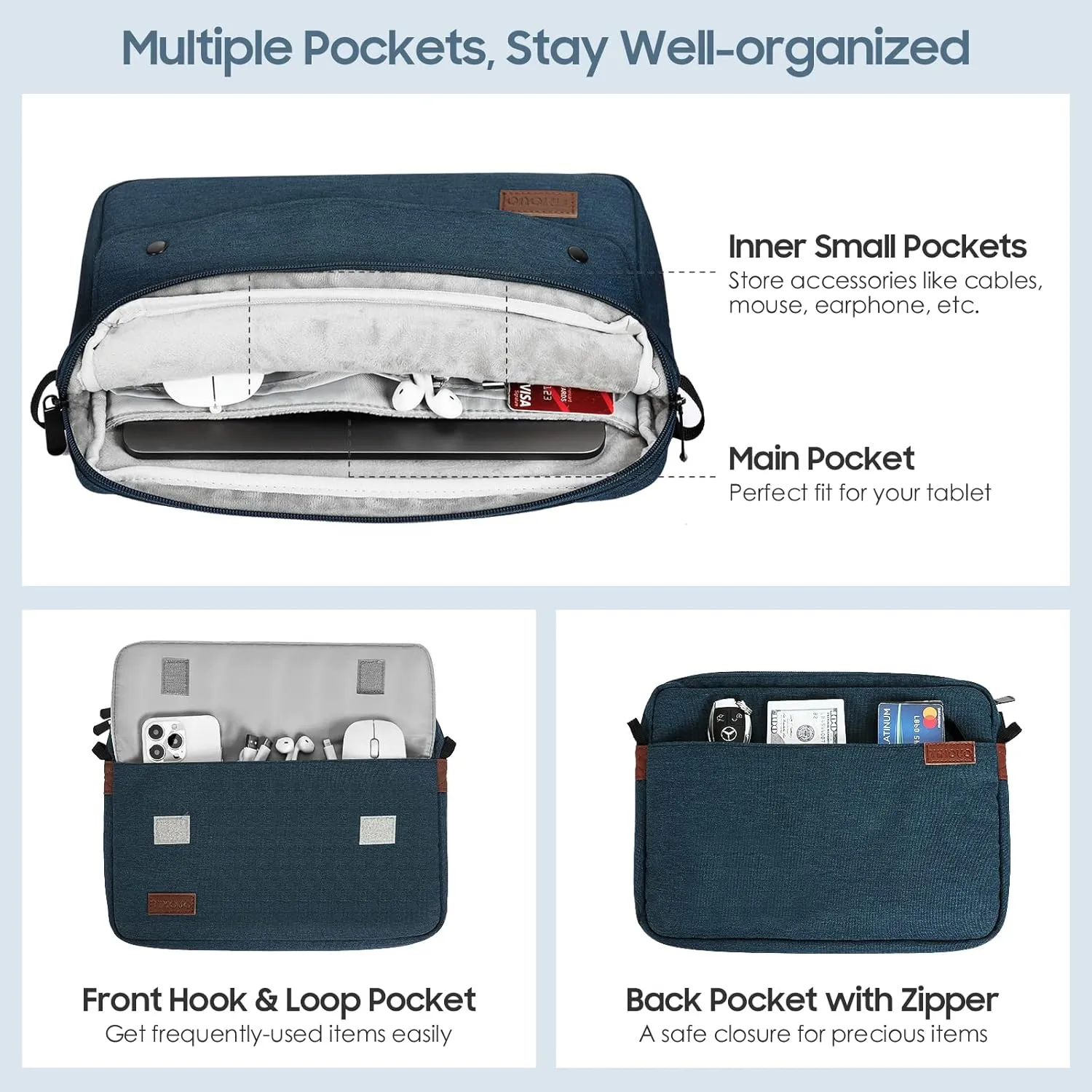TiMOVO 9-11 Inch Tablet Sleeve Bag with Shoulder Strap Fits iPad 11-inch A16 2025, iPad 10th Gen. 10.9", iPad 9th/8th/7th Gen. 10.2", iPad Air 11/5th/4th Gen. 10.9", Galaxy Tab A9 Plus 11", Indigo