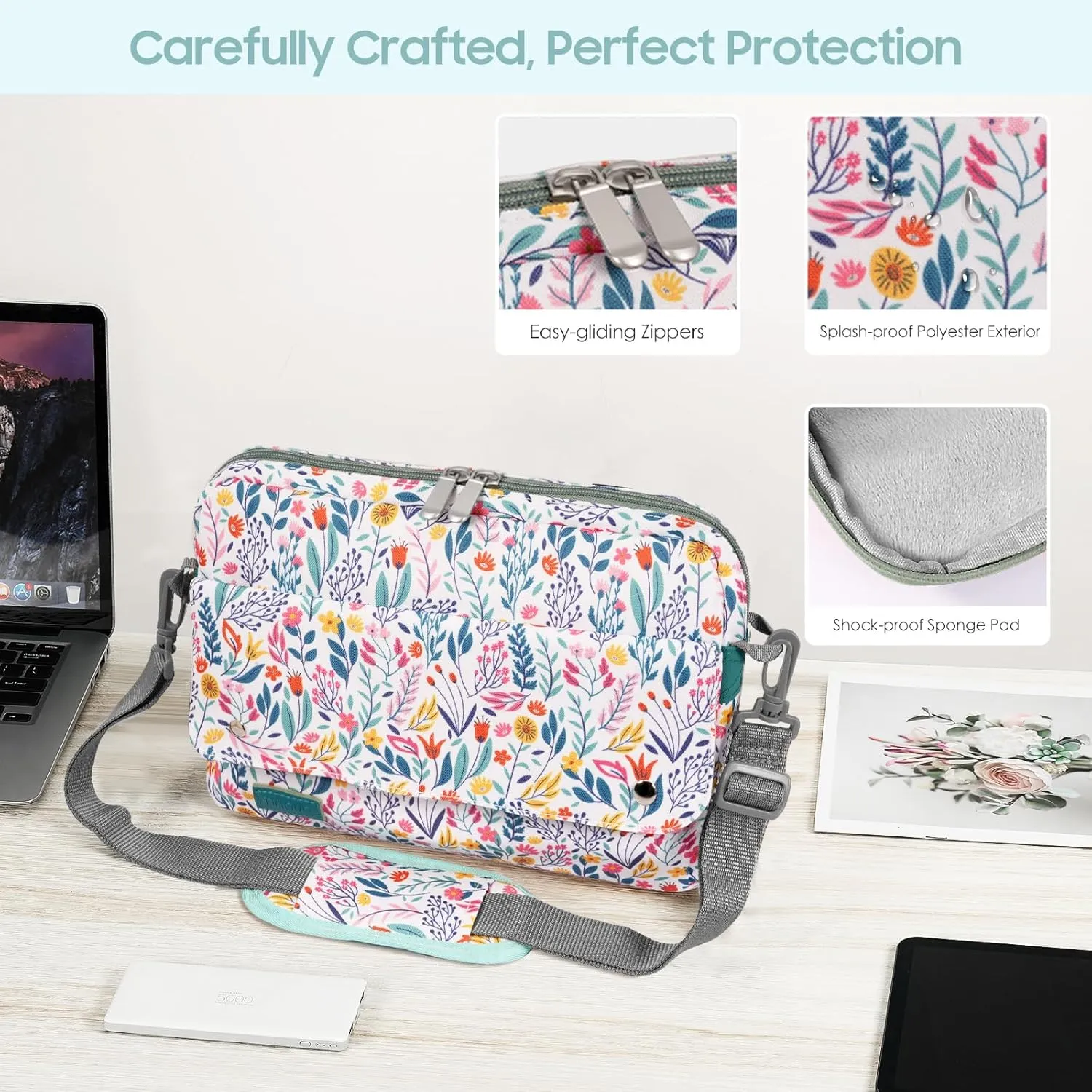 TiMOVO 9-11 Inch Tablet Sleeve Bag with Shoulder Strap Fits iPad 11-inch A16 2025, iPad 10th Gen. 10.9", iPad Gen. 10.2", iPad Air 11/5th/4th Gen. 10.9", Galaxy Tab A9 Plus 11", Flowers