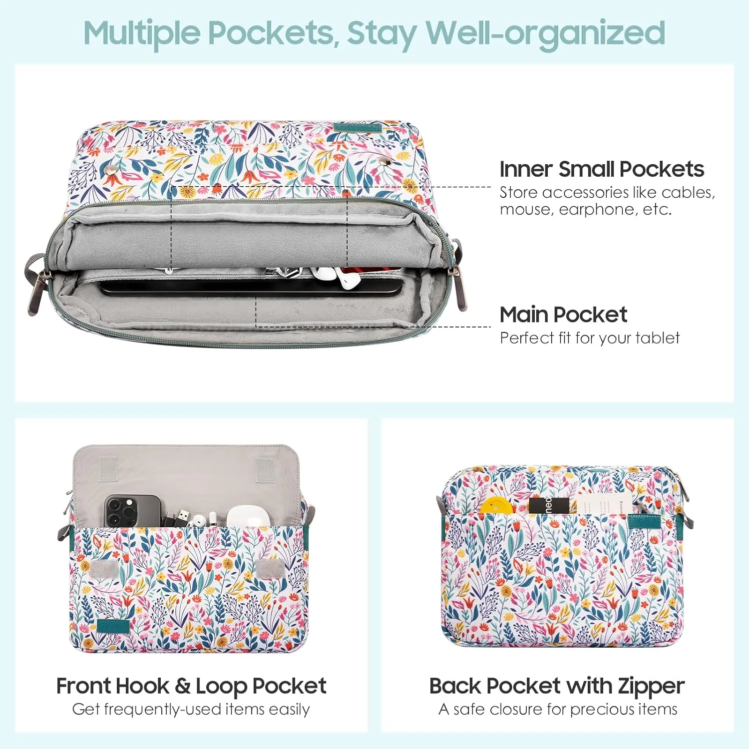 TiMOVO 9-11 Inch Tablet Sleeve Bag with Shoulder Strap Fits iPad 11-inch A16 2025, iPad 10th Gen. 10.9", iPad Gen. 10.2", iPad Air 11/5th/4th Gen. 10.9", Galaxy Tab A9 Plus 11", Flowers