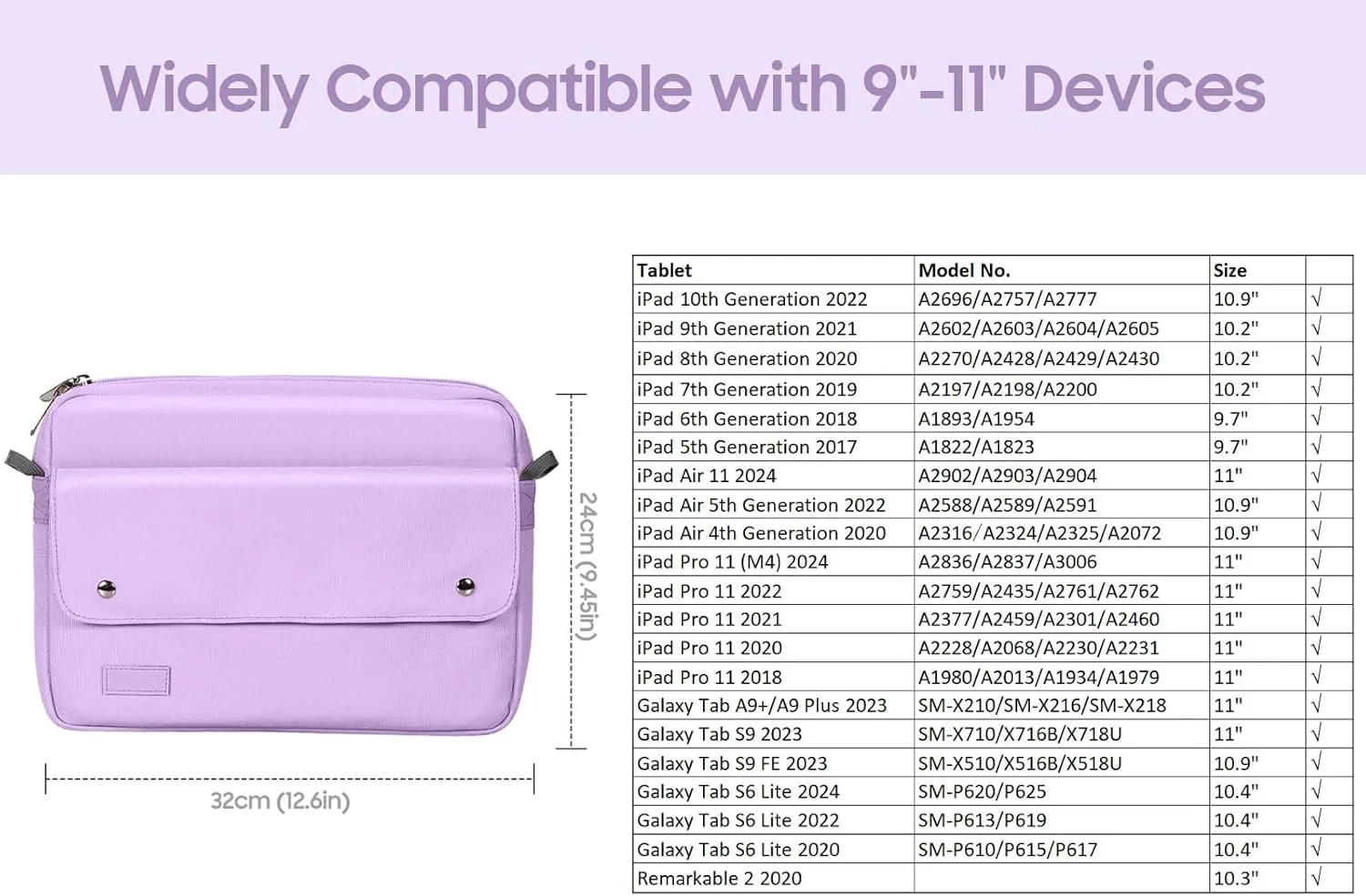 TiMOVO 9-11 Inch Tablet Sleeve Bag with Shoulder Strap Fits iPad 11-inch A16 2025, iPad 10th Gen. 10.9", iPad Gen. 10.2", iPad Air 11/5th/4th Gen. 10.9", Galaxy Tab A9 Plus 11", Purple