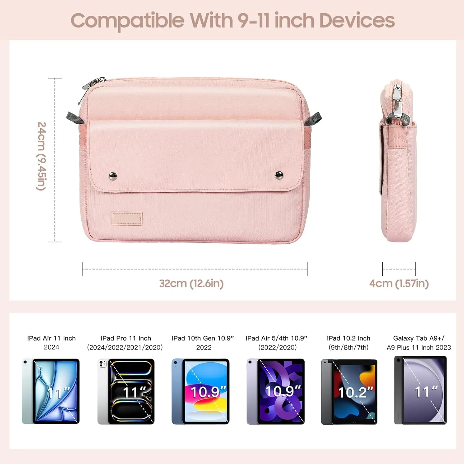 TiMOVO 9-11 Inch Tablet Sleeve Bag with Shoulder Strap Fits iPad 11-inch A16 2025, iPad 10th Gen. 10.9"/10.2", iPad Air 11/5th/4th Gen. 10.9", Galaxy Tab A9 Plus 11", Pink