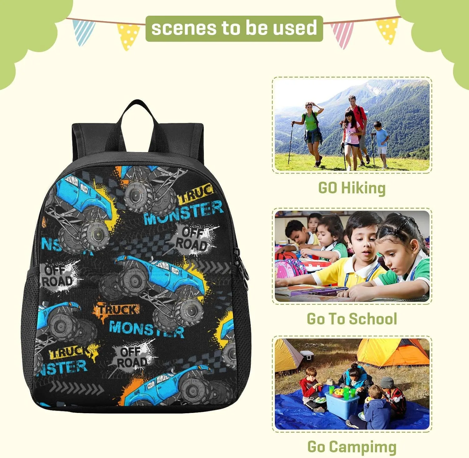 Toddler Monster Truck Waterproof Mini Backpack Boys/Girls Cute Small Kindergarten Pre School Bag (S)
