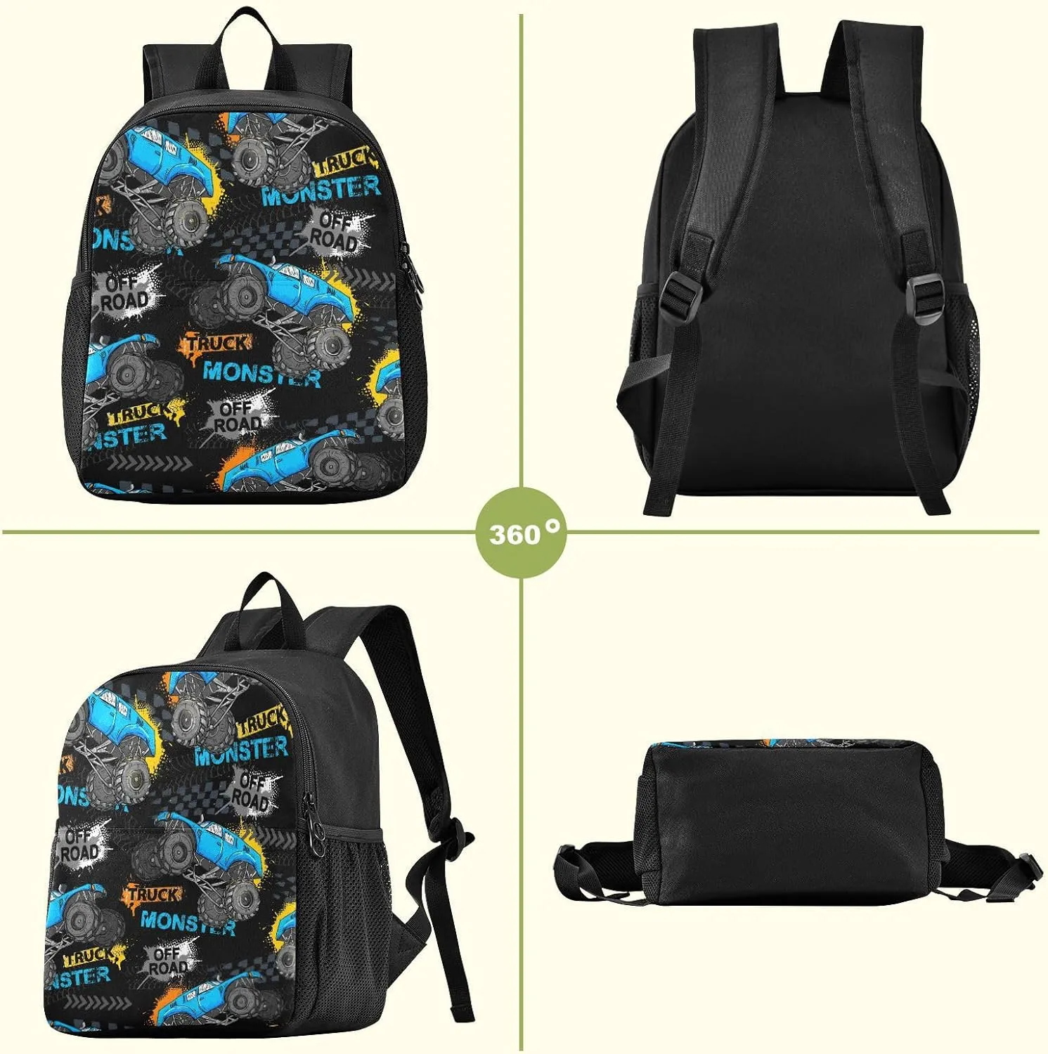 Toddler Monster Truck Waterproof Mini Backpack Boys/Girls Cute Small Kindergarten Pre School Bag (S)