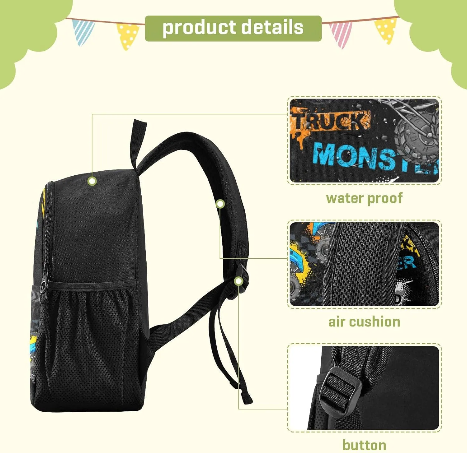 Toddler Monster Truck Waterproof Mini Backpack Boys/Girls Cute Small Kindergarten Pre School Bag (S)