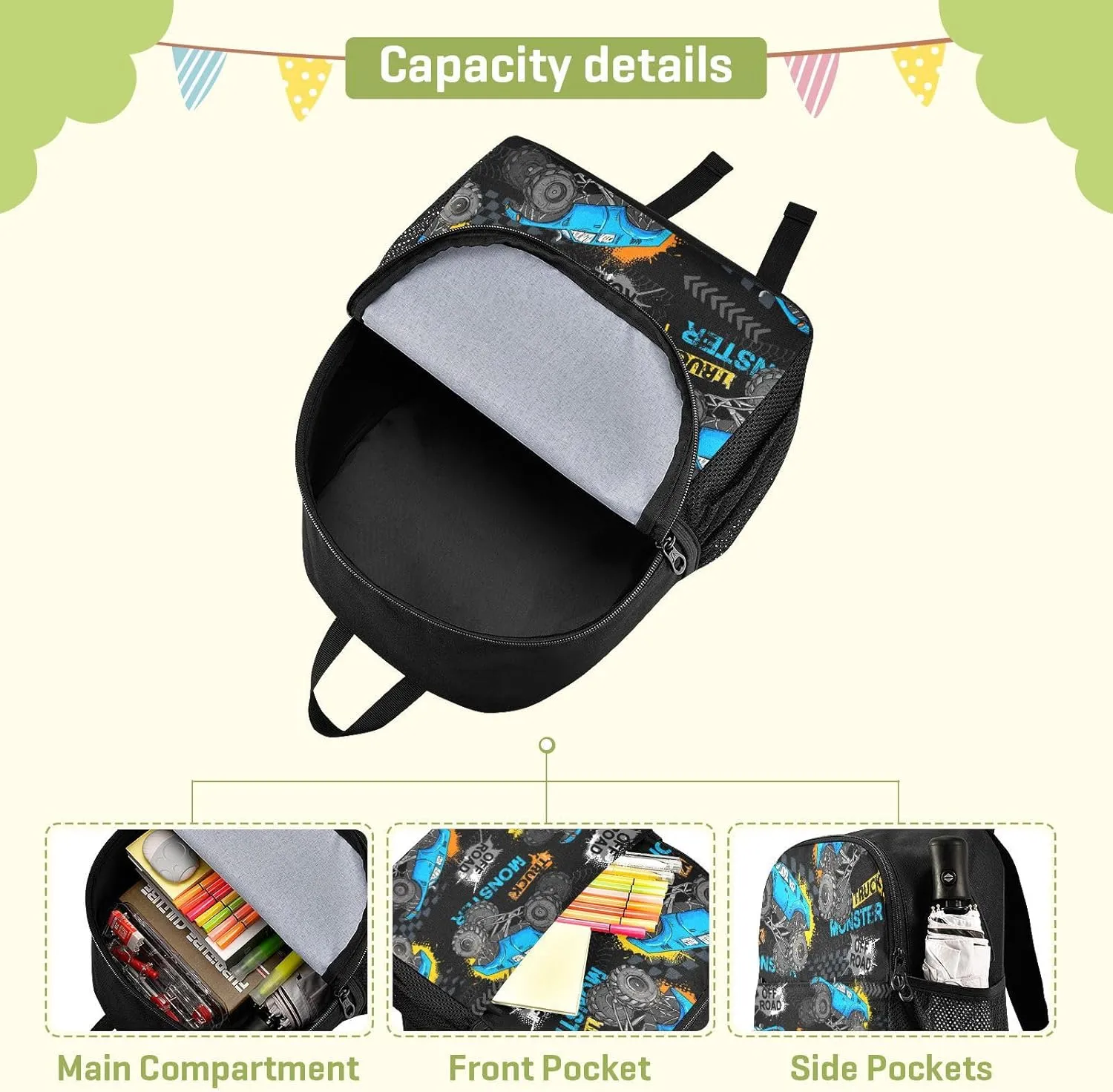 Toddler Monster Truck Waterproof Mini Backpack Boys/Girls Cute Small Kindergarten Pre School Bag (S)