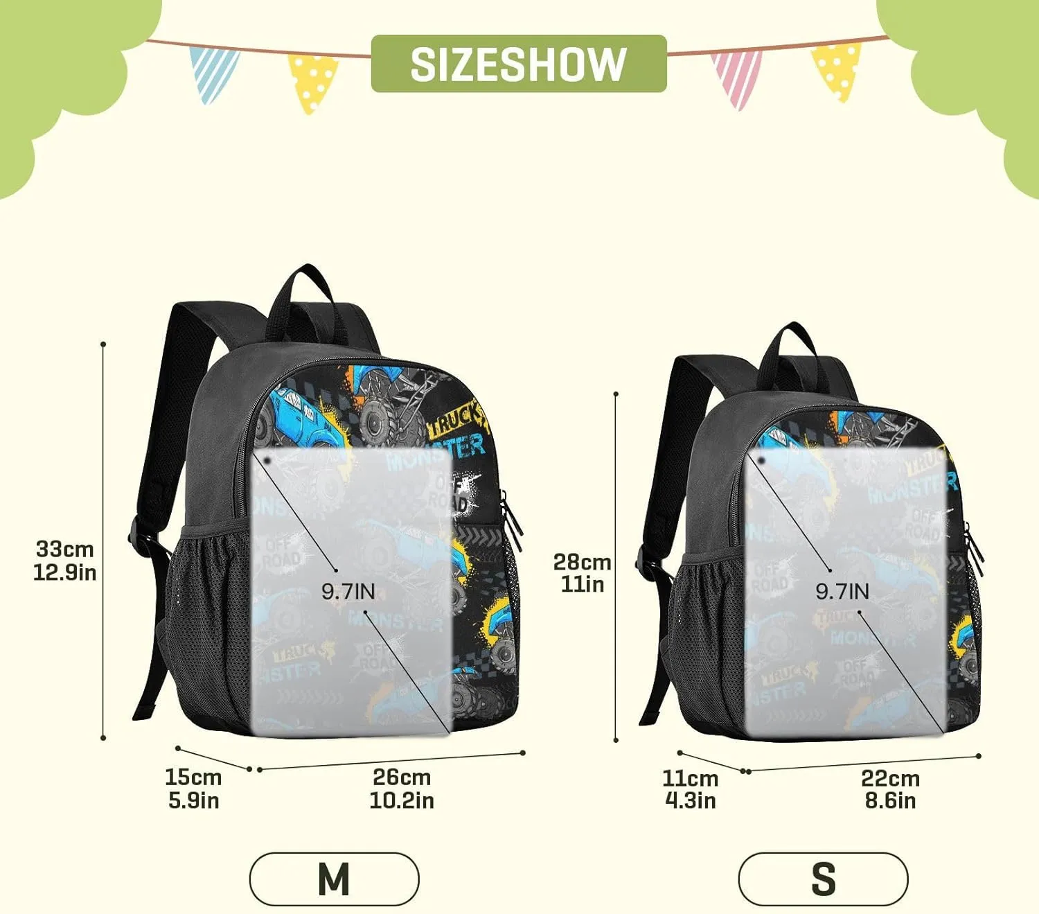 Toddler Monster Truck Waterproof Mini Backpack Boys/Girls Cute Small Kindergarten Pre School Bag (S)