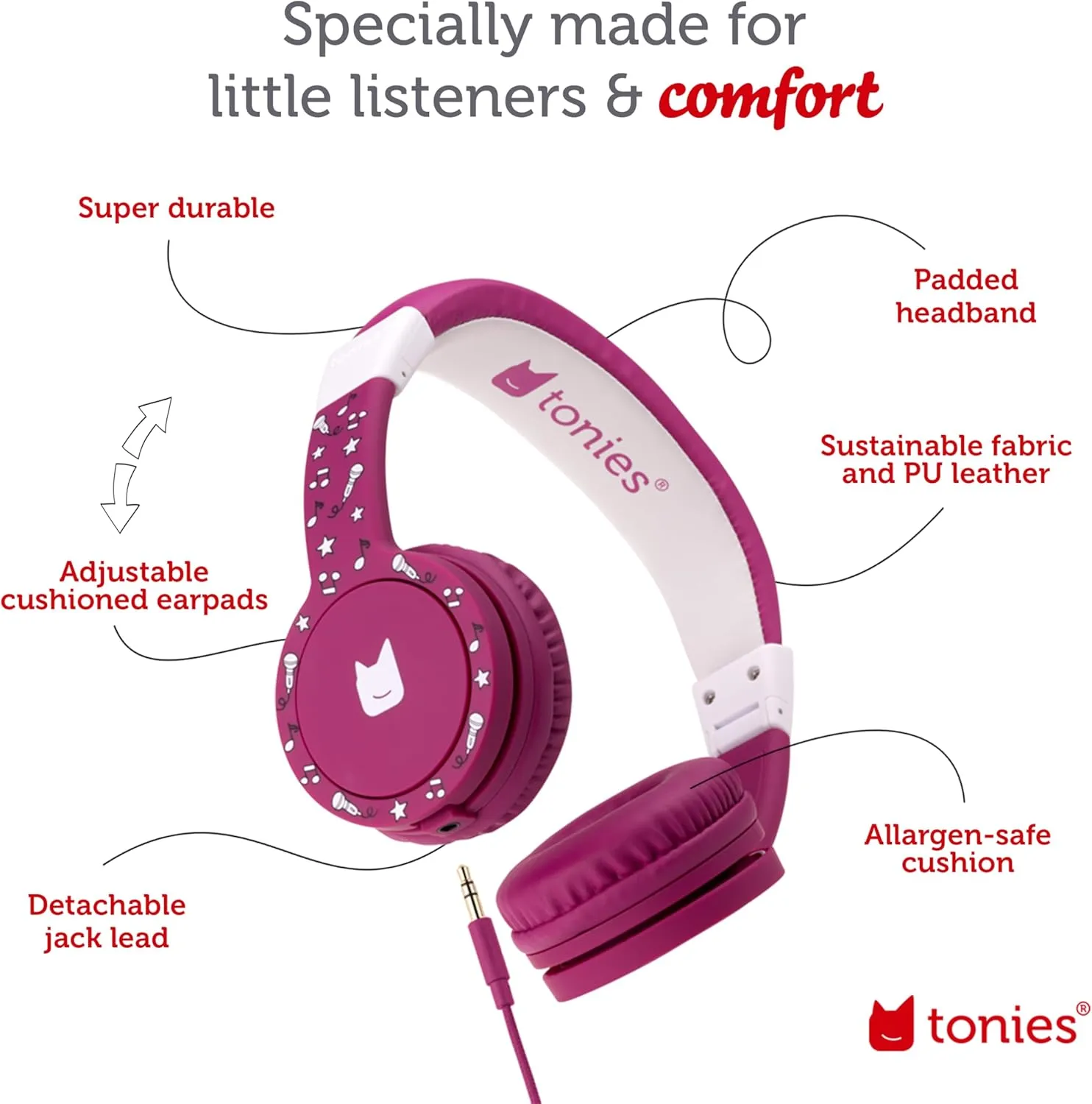 Tonies Foldable Wired Headphones for Kids - Comfortably Designed to fit On-Ear - Works with Toniebox and All 3.5mm Devices - Purple