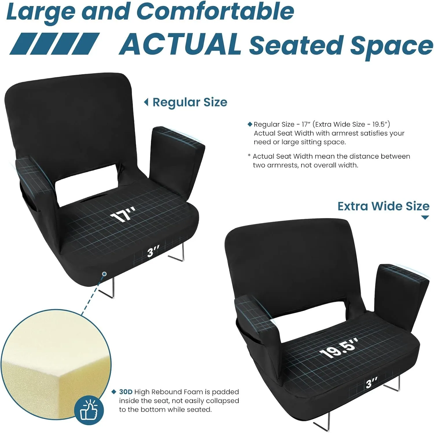 TOPSKY Stadium Seat with Back Support, Regular Size 18.7”Width (Seat 17”), 3 Reclining Positions, Wide Bleacher Seats with 2 Hook, Picnic Seat(Blue)