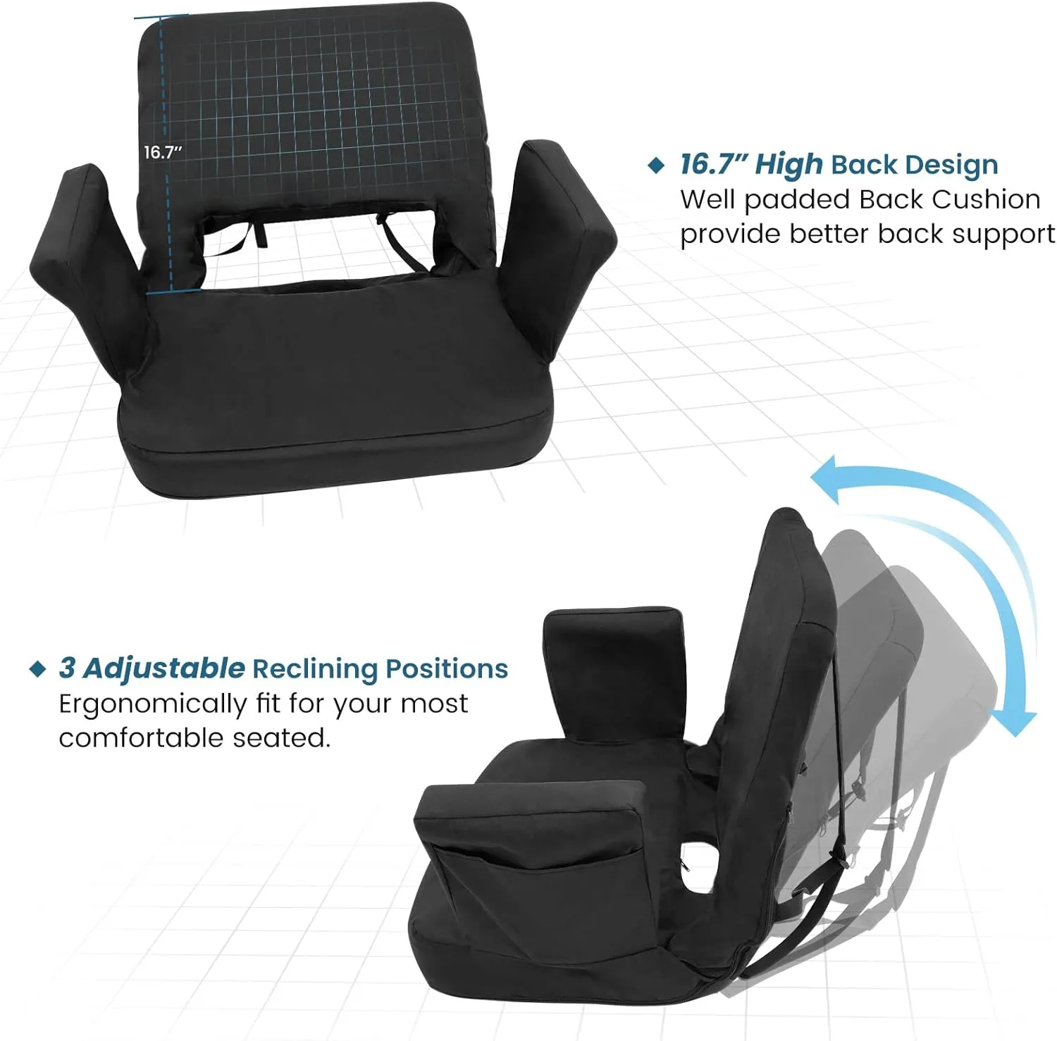 TOPSKY Stadium Seat with Back Support, Regular Size 18.7”Width (Seat 17”), 3 Reclining Positions, Wide Bleacher Seats with 2 Hook, Picnic Seat(Blue)