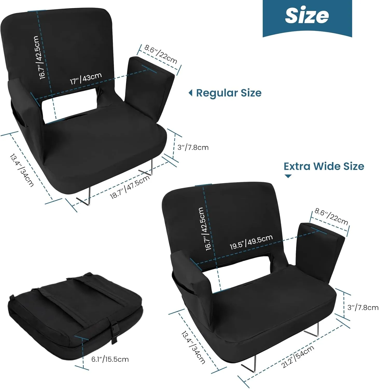 TOPSKY Stadium Seat with Back Support, Regular Size 18.7”Width (Seat 17”), 3 Reclining Positions, Wide Bleacher Seats with 2 Hook, Picnic Seat(Blue)