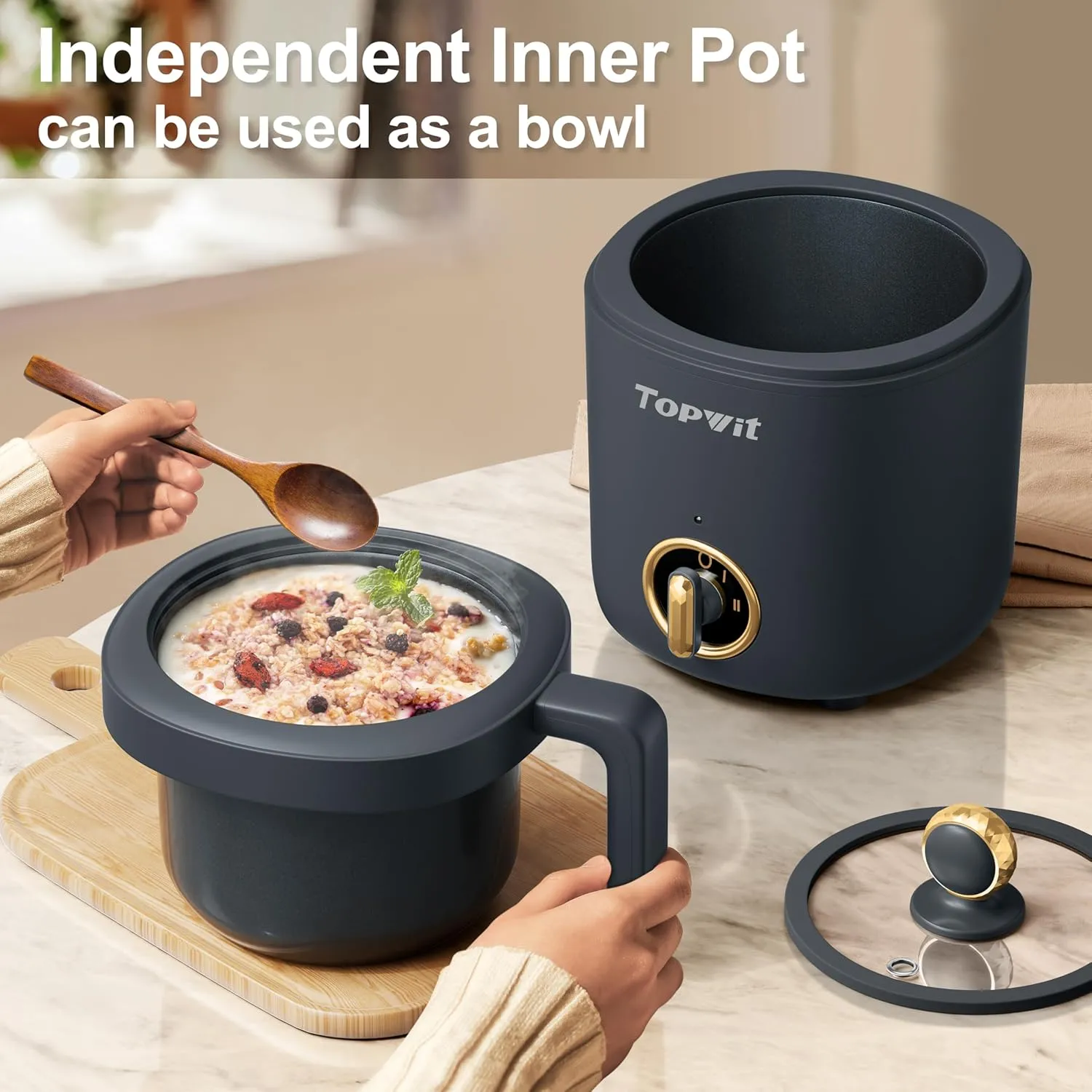 TOPWIT Hot Pot Electric Pot for Cooking, Ramen Cooker 1.2L, Non-Stick Portable Noodles Cooker for Pasta, Soup, Steak, Oatmeal, College Dorm Room Essentials, Shabu Shabu Pot with Power Adjustment, Grey