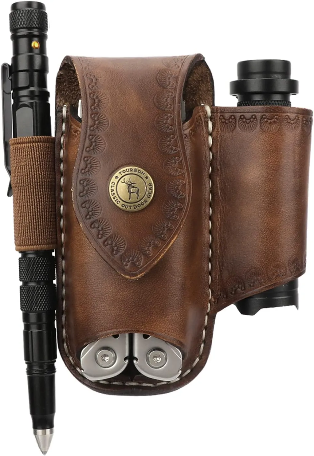 TOURBON Men Leather EDC Organizer Sheath Handmade Tactical Multitool Pouch Holster Brown with Belt Clip