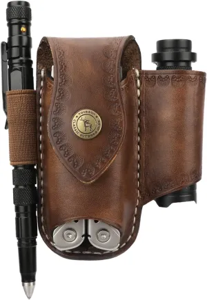 TOURBON Men Leather EDC Organizer Sheath Handmade Tactical Multitool Pouch Holster Brown with Belt Clip