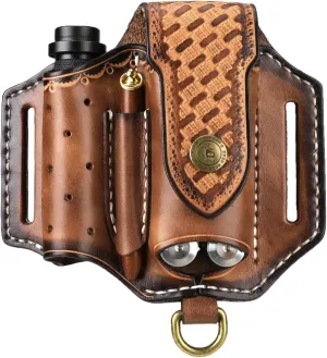 Tourbon Men's EDC Leather Pouch for Belt Multitool Sheath Folding Knife Pocket Tool Organizer with Flashlight Holster Carrier