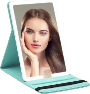 Travel Makeup Mirror with Lights, PU Leather Cover Makeup Mirror with 3 Color Modes and Adjustable Brightness, Rechargeable Lighted Vanity Mirror Large Desktop Makeup Mirror with Light for Women