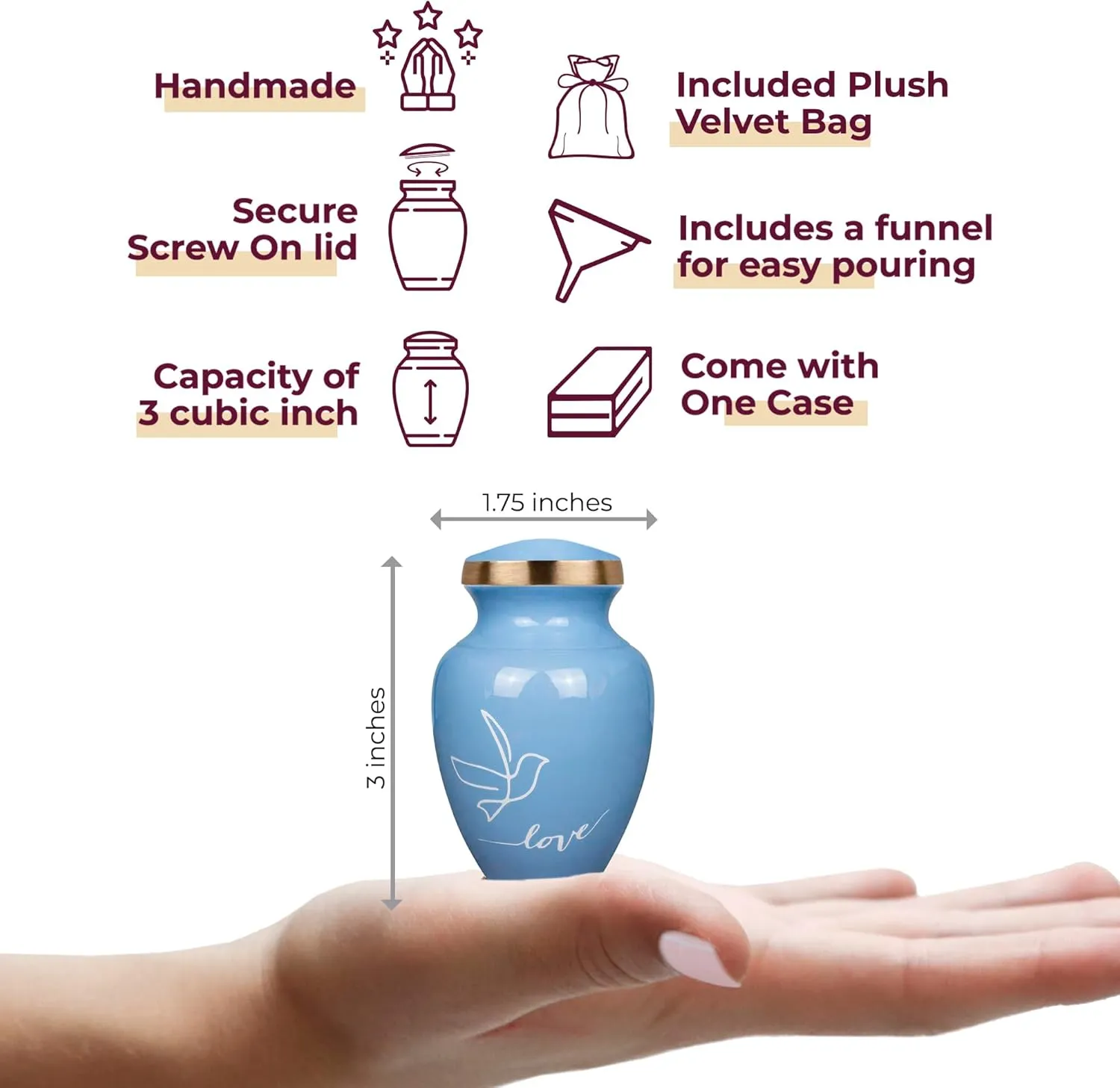 Trupoint Memorials Small Urns for Human Ashes Keepsake, Love Dove Bird Decorative Mini Cremation Urn for Adult Men & Women, Small Light Blue