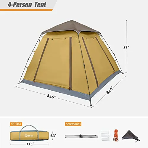 Ubon 4 Person Lightweight Camping Tent Easy Setup Large Cabin Tent Waterproof Instant Tent with Sun Shade for Outdoor Hiking Four Large Mesh Windows for Optimized Ventilation-Light Yellow