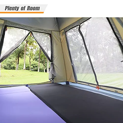 Ubon 4 Person Lightweight Camping Tent Easy Setup Large Cabin Tent Waterproof Instant Tent with Sun Shade for Outdoor Hiking Four Large Mesh Windows for Optimized Ventilation-Light Yellow