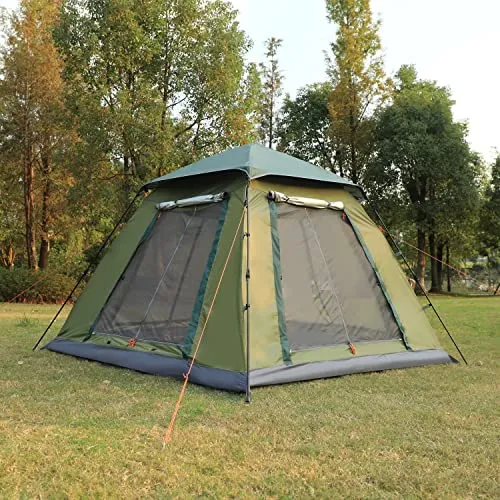 Ubon 4 Person Lightweight Camping Tent Easy Setup Large Cabin Tent Waterproof Instant Tent with Sun Shade for Outdoor Hiking Four Large Mesh Windows for Optimized Ventilation-Light Yellow