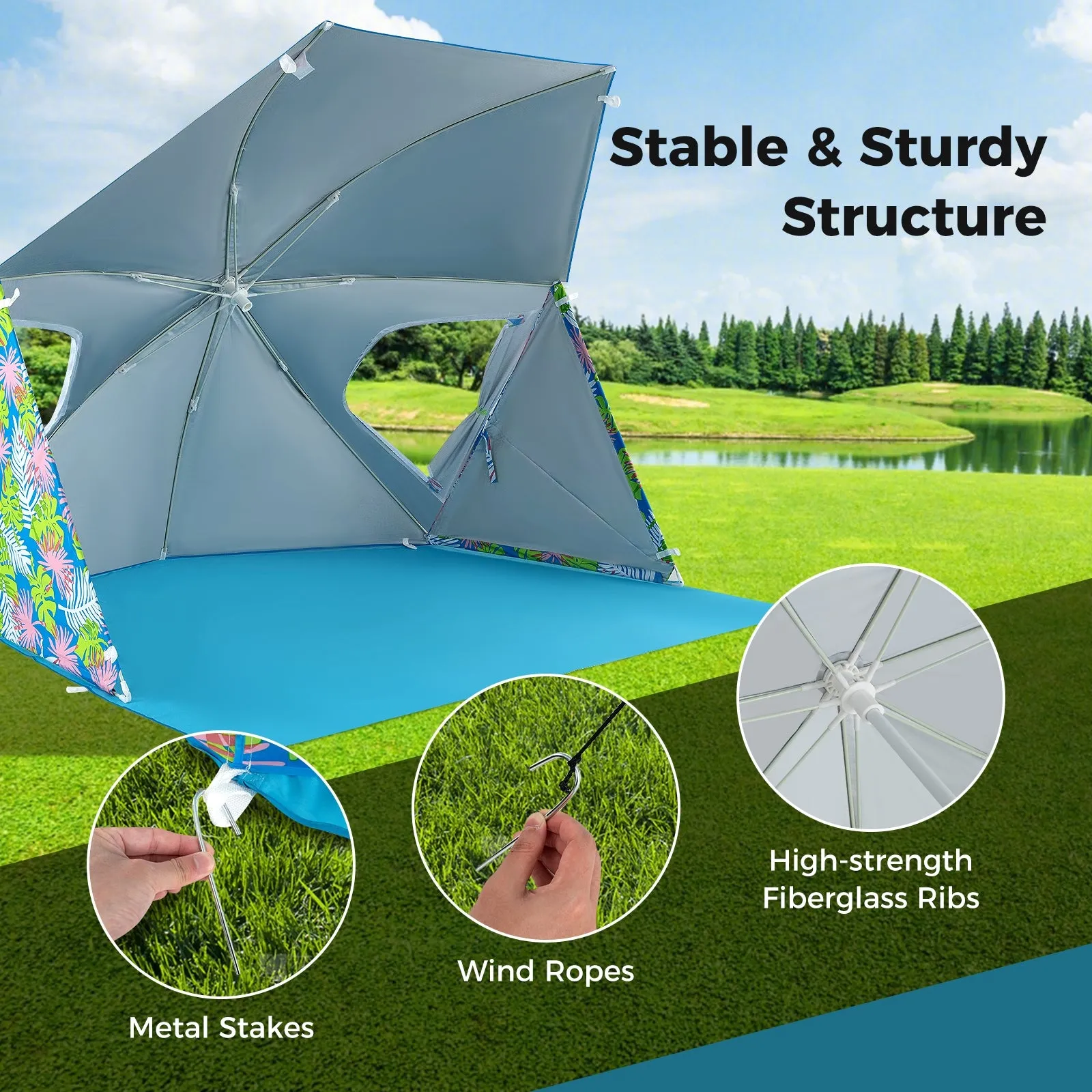 UPF50  Sun Protection Beach Umbrella Tent with Portable Carrying Bag-Blue