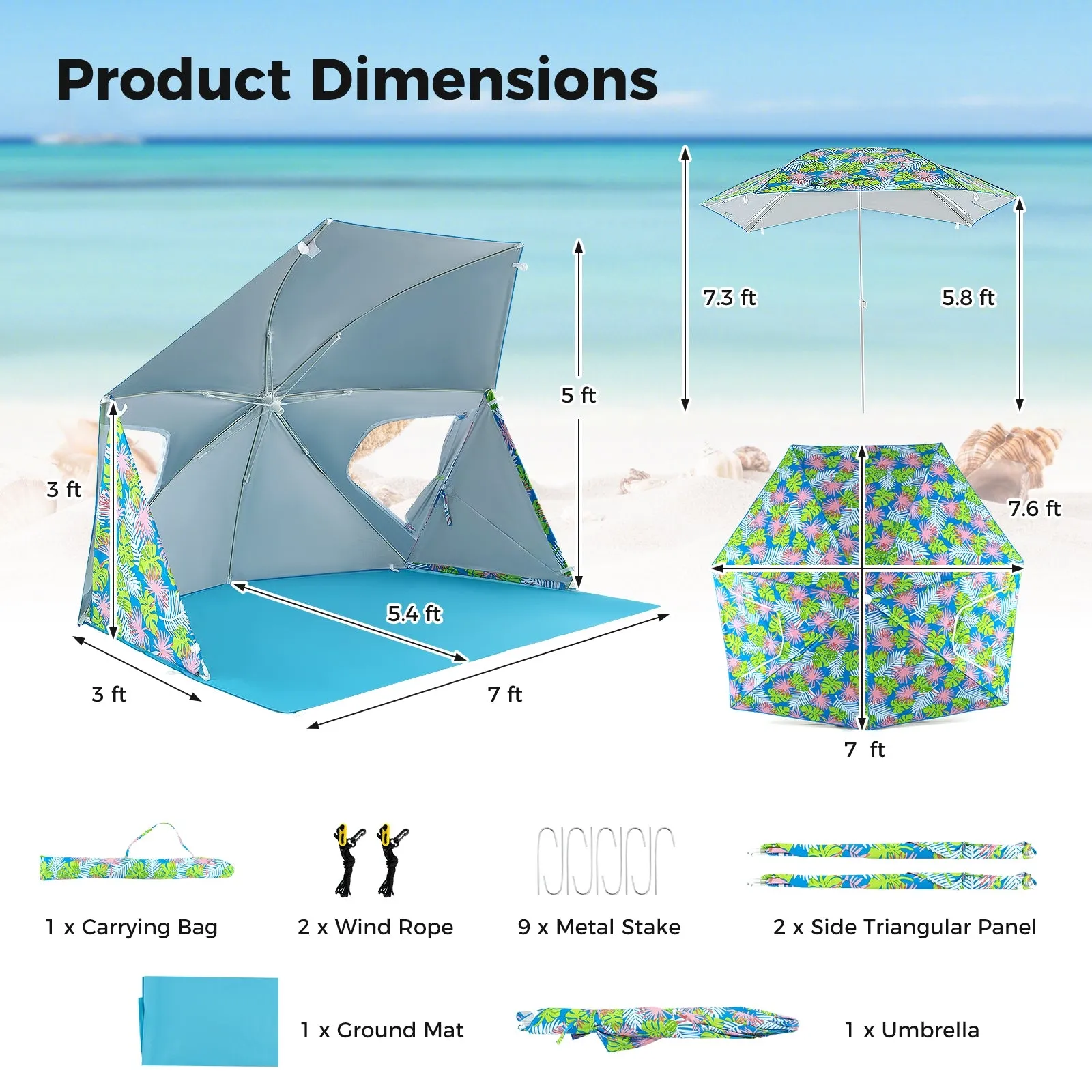 UPF50  Sun Protection Beach Umbrella Tent with Portable Carrying Bag-Blue