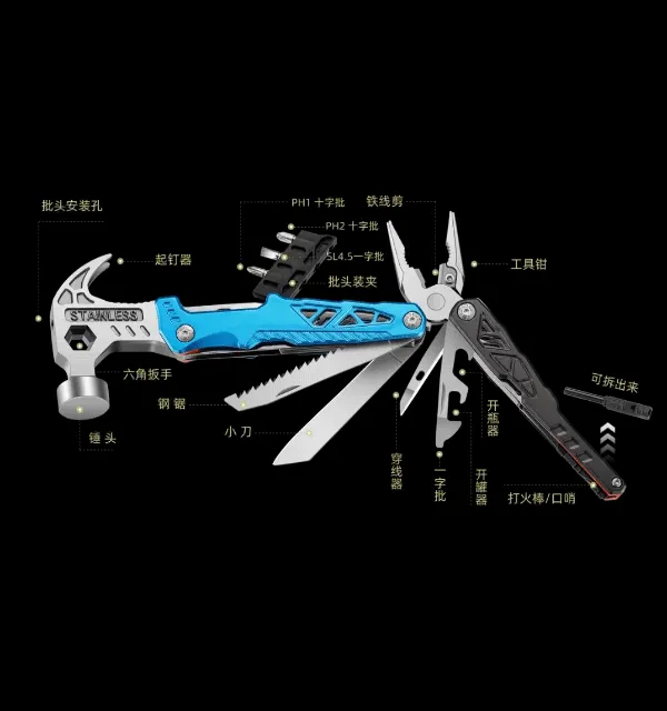 Upgraded 18 in 1 Adjustable Wrench Multitool Hammer Pocket Multi Tool Knife with Spring-Action Pliers For Outdoor Camping Daily