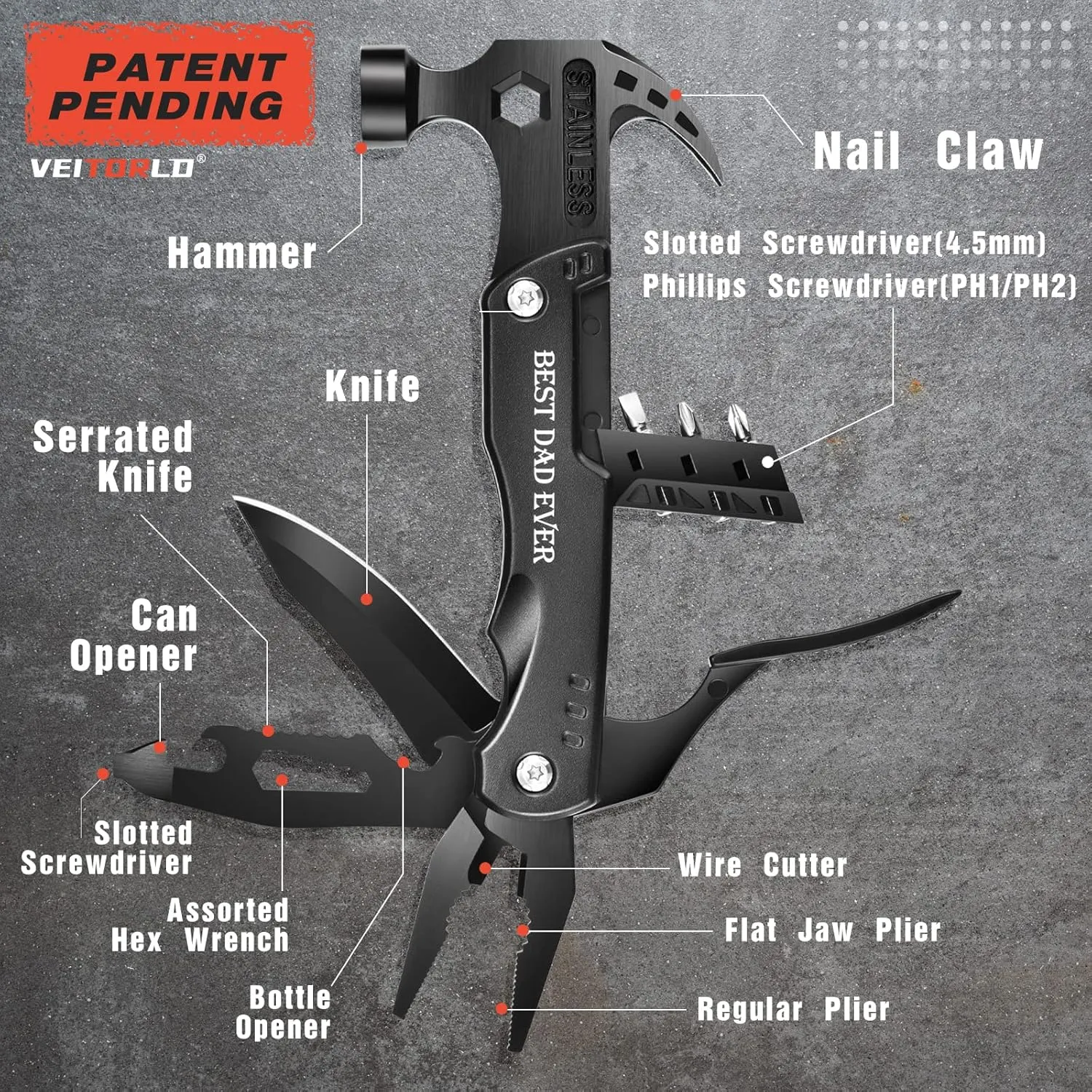 VEITORLD Gifts for Dad Men, Cool Fathers Day Birthday Gifts Ideas for Men Grandpa Papa from Daughter Wife Son, BEST DAD EVER Gift, All in One Survival Tools Hammer Multitool, Camping Hunting Presents