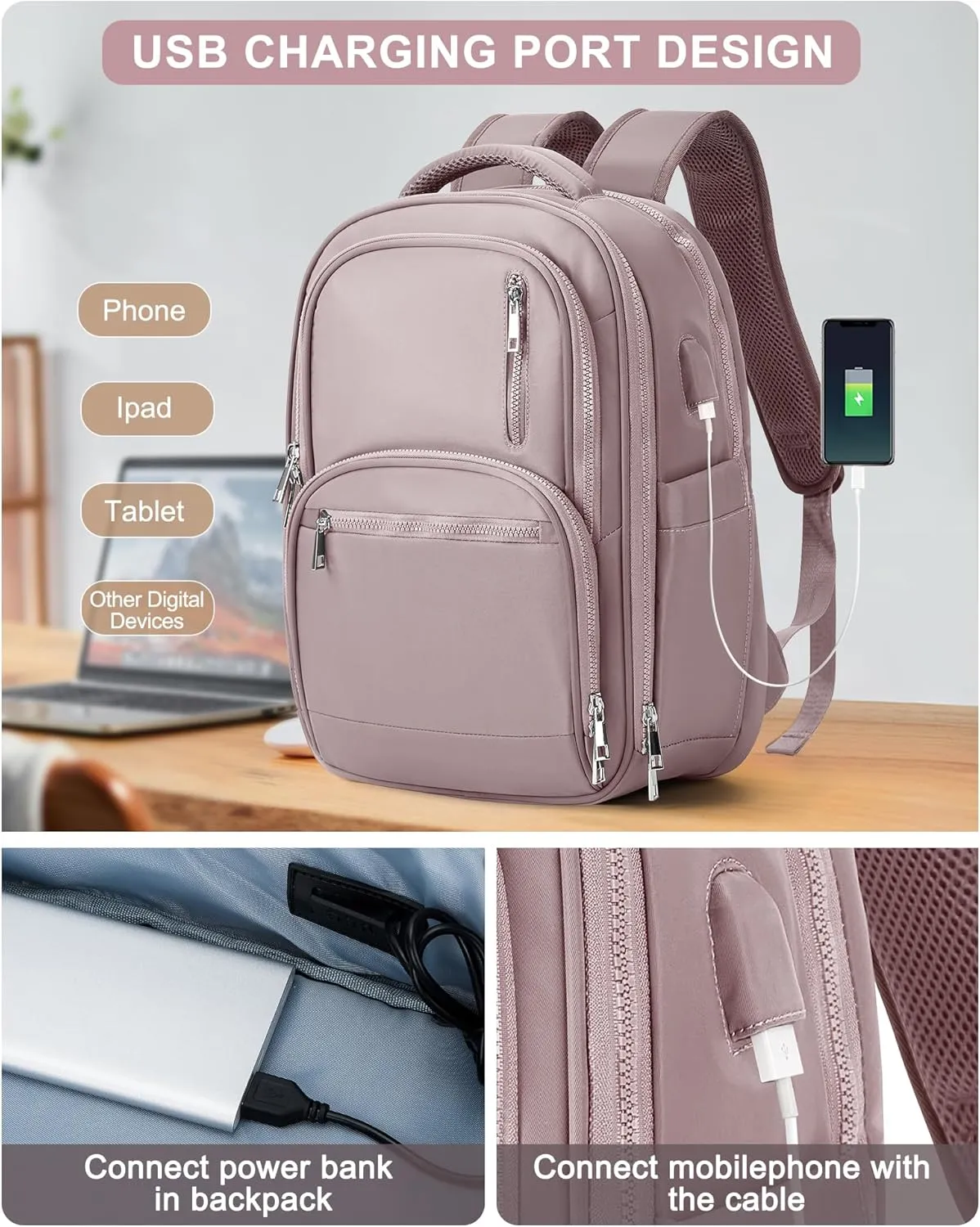 VGCUB Large Travel Backpack Purse for Women Men,Laptop Backpack,Aesthetic Gym Carry on Backpack,Personal Item Size Backpack Casual Daypack Rucksack for Work With USB Charging Port,Pink