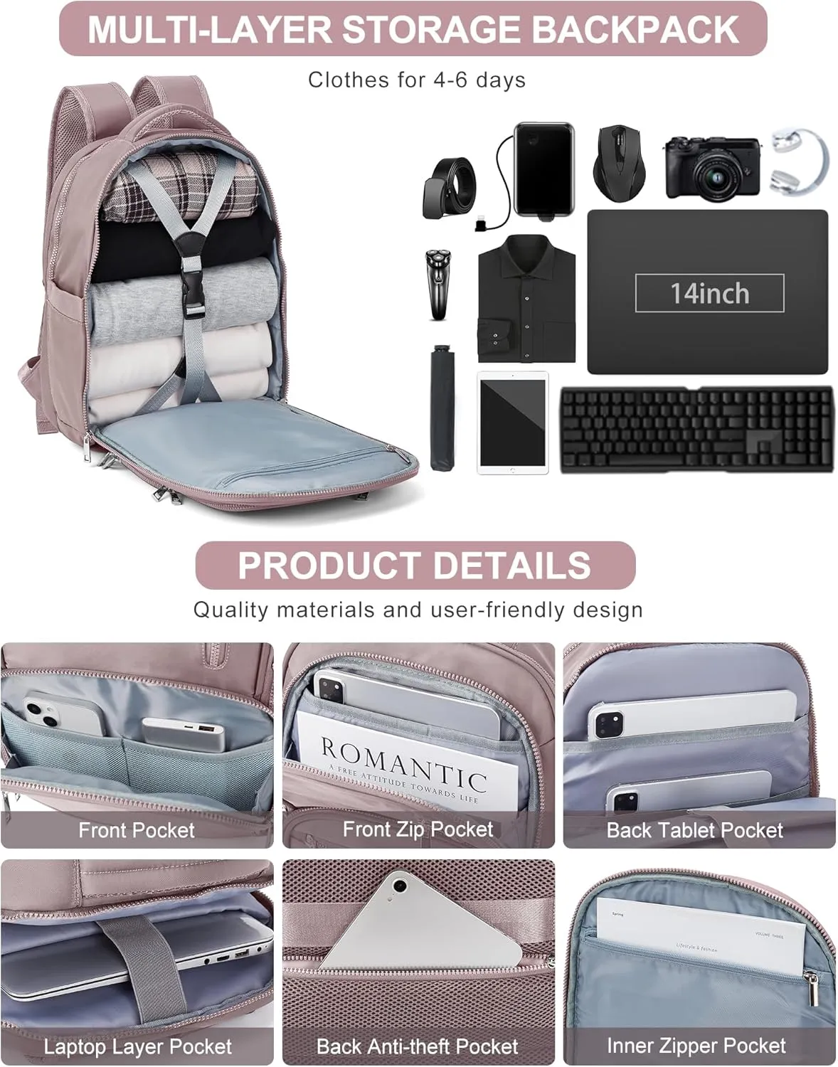 VGCUB Large Travel Backpack Purse for Women Men,Laptop Backpack,Aesthetic Gym Carry on Backpack,Personal Item Size Backpack Casual Daypack Rucksack for Work With USB Charging Port,Pink