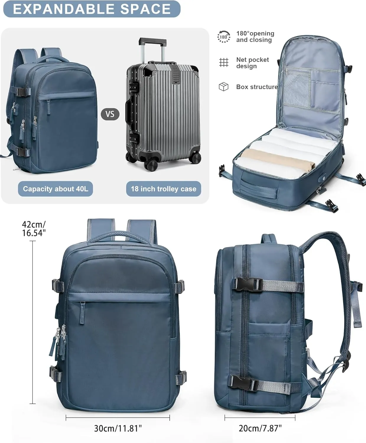 VGCUB Travel Backpack for Women Men Large Work Gym Frontier Airlines Personal Item Bag Business Airport lightweight Daypack Carry on Flight Approved Airplane Backpack Mochilas de Viaje Sapphire Blue