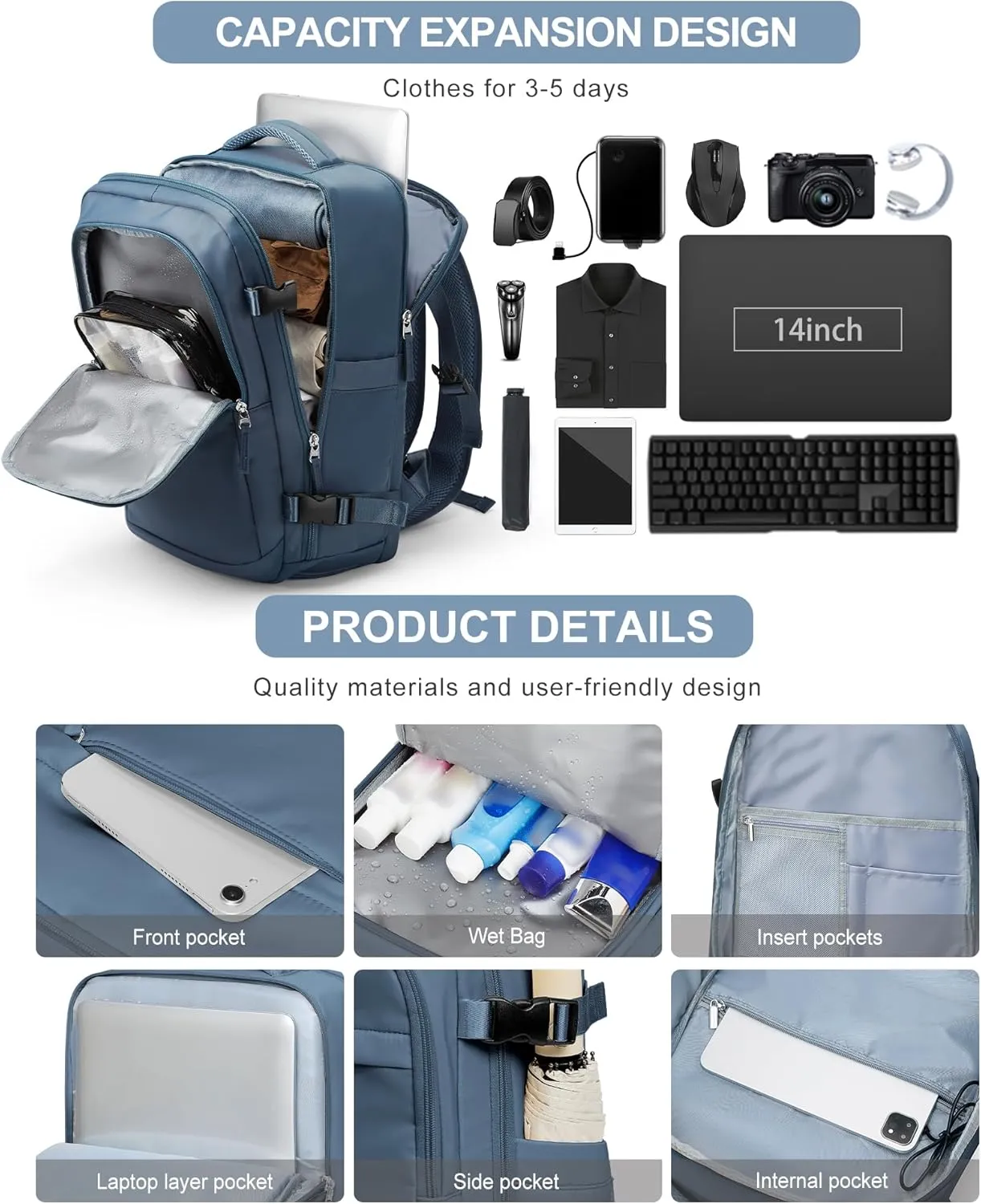 VGCUB Travel Backpack for Women Men Large Work Gym Frontier Airlines Personal Item Bag Business Airport lightweight Daypack Carry on Flight Approved Airplane Backpack Mochilas de Viaje Sapphire Blue