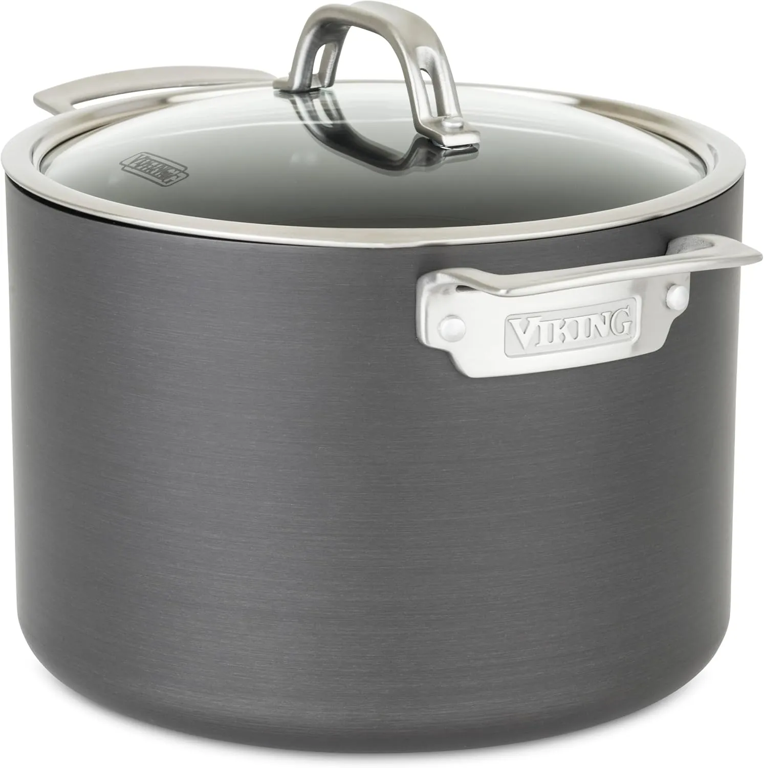 Viking Non Stick Stock Pot, 8 Quart Hard Anodized Nonstick Soup Cooking Pot wth Glass Lid, Gray