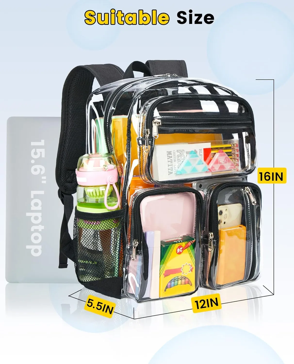 Vorspack Clear Backpack for School - Heavy Duty See Through Bookbag for Girls Boys Large Transparent Backpacks for Work, Travel, Festival - Black