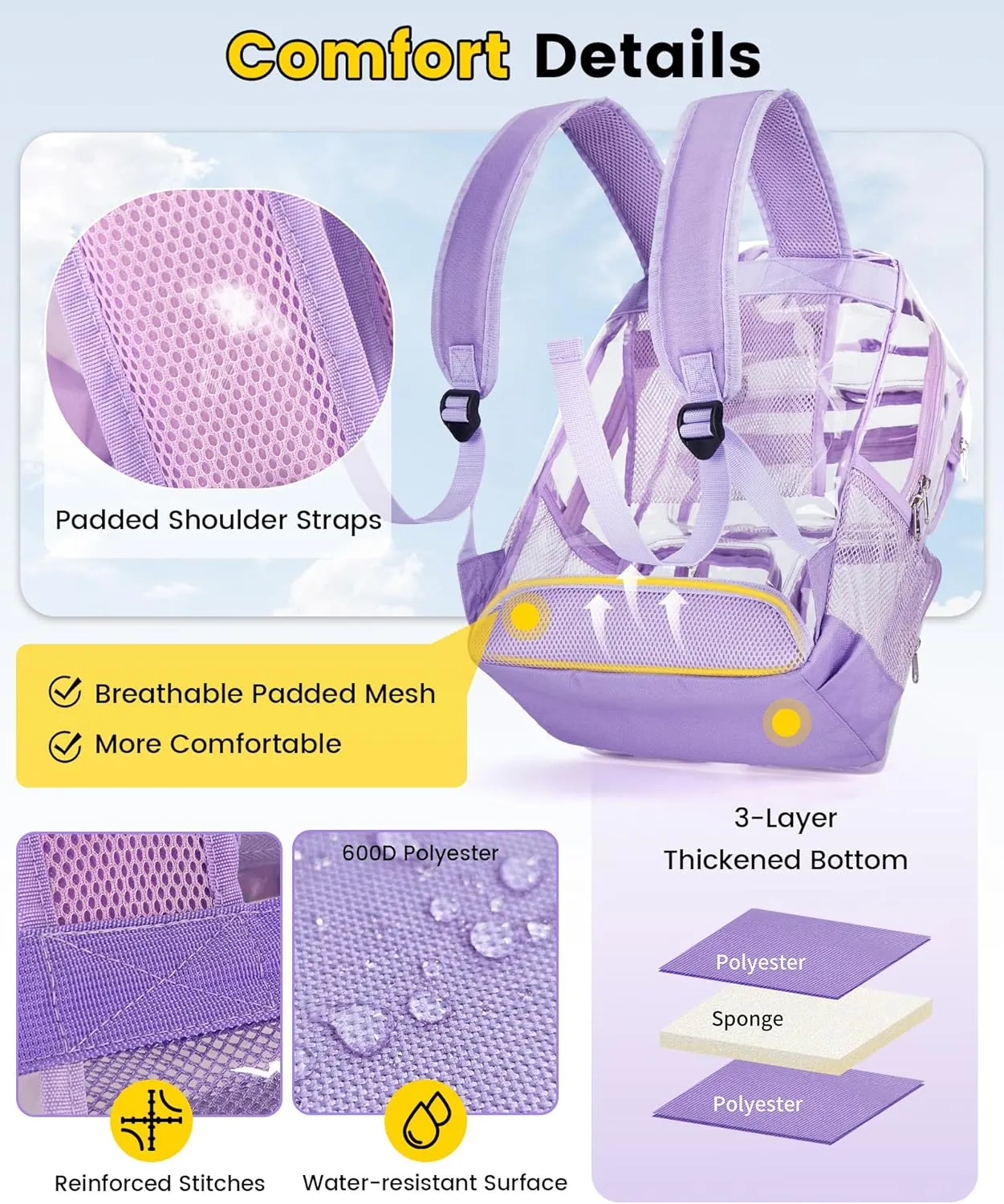 Vorspack Clear Backpack for School - Heavy Duty See Through Bookbag for Girls Boys Large Transparent Backpacks for Work, Travel, Festival - Purple