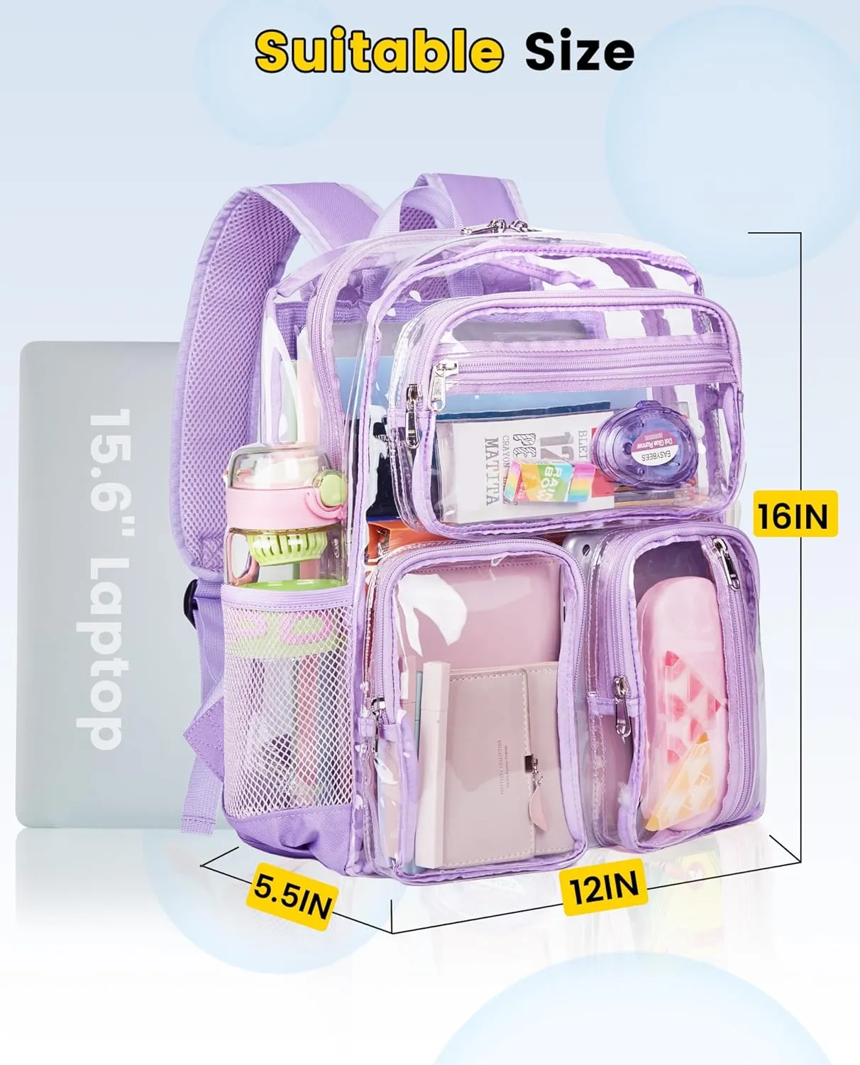 Vorspack Clear Backpack for School - Heavy Duty See Through Bookbag for Girls Boys Large Transparent Backpacks for Work, Travel, Festival - Purple