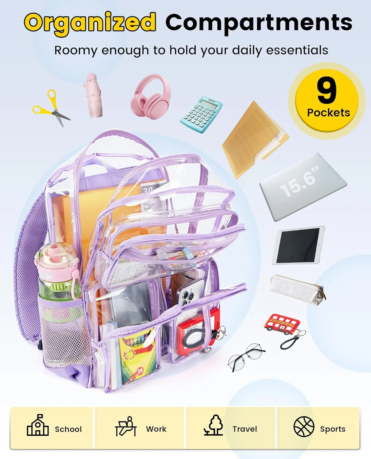 Vorspack Clear Backpack for School - Heavy Duty See Through Bookbag for Girls Boys Large Transparent Backpacks for Work, Travel, Festival - Purple