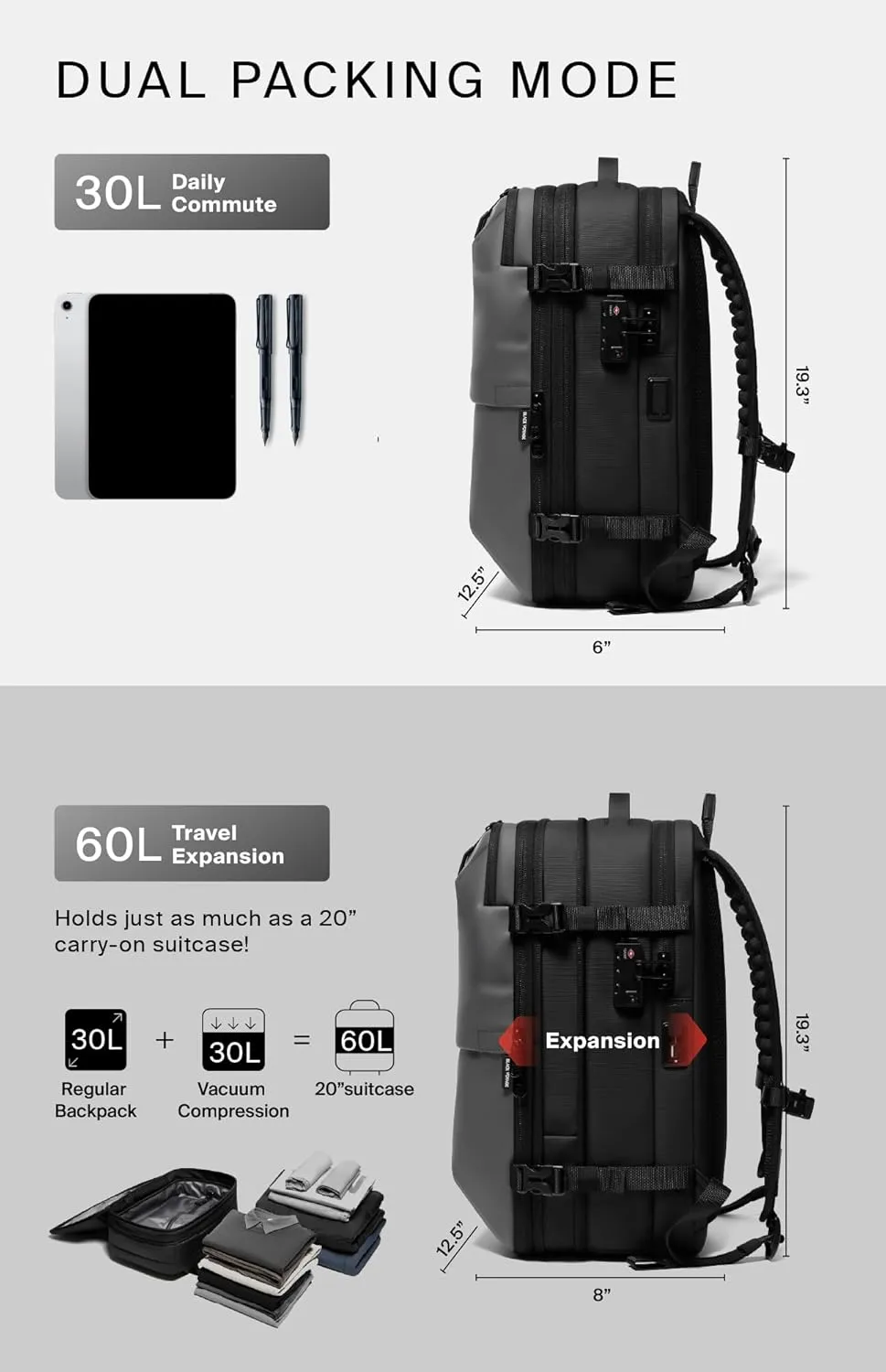 Vortex Vacuum Seal Travel Backpack 60L Exapandable Air Compression System Water Resistant TSA Lock Carry-On Suitcase Luggage Gray AERO - Vacuum Pump Included