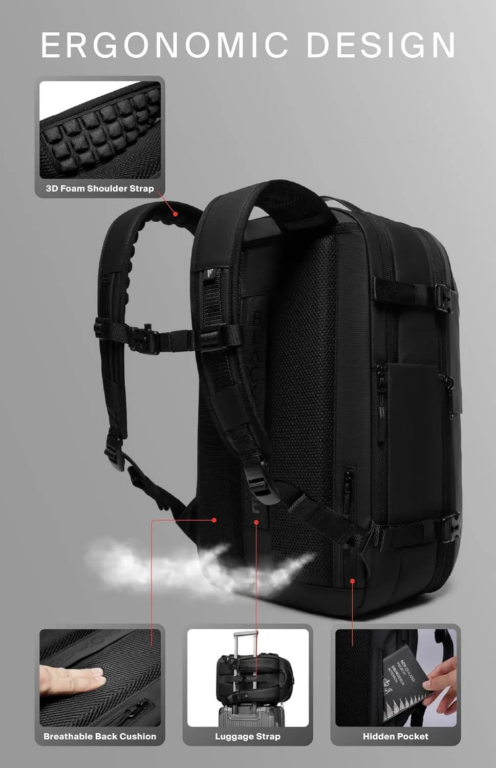 Vortex Vacuum Seal Travel Backpack 60L Exapandable Air Compression System Water Resistant TSA Lock Carry-On Suitcase Luggage Gray AERO - Vacuum Pump Included