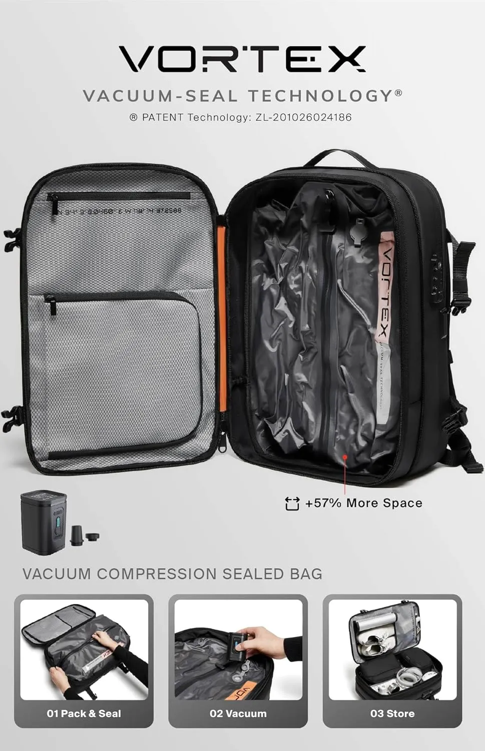 Vortex Vacuum Seal Travel Backpack 60L Exapandable Air Compression System Water Resistant TSA Lock Carry-On Suitcase Luggage Gray AERO - Vacuum Pump Included