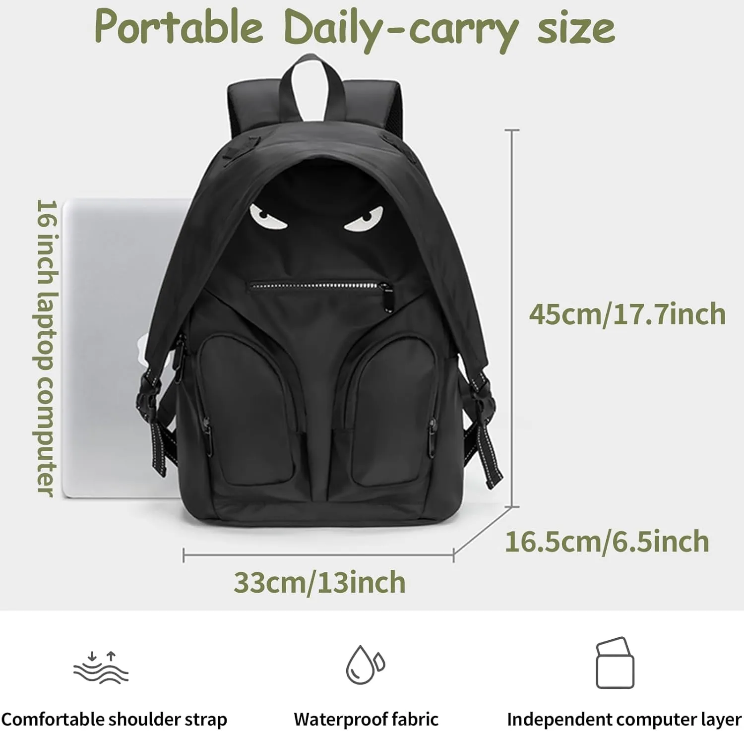 Waterproof School Bag with Multiple Pockets,Cool Monster Face Backpack,Eyes Design(Black)