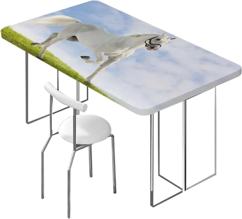 White Black Folding Table Cover White Stallion Running Horse Gallop Motion for Kitchen Parties Wedding Indoor Holiday Dining Table Decor Pads Equestrian Fits up 5 Foot Tables