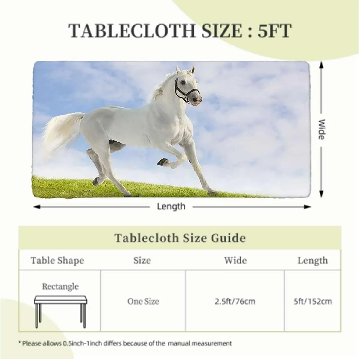 White Black Folding Table Cover White Stallion Running Horse Gallop Motion for Kitchen Parties Wedding Indoor Holiday Dining Table Decor Pads Equestrian Fits up 5 Foot Tables