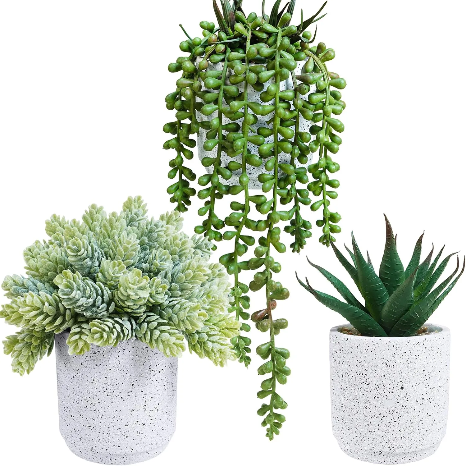 Winlyn Set of 3 Artificial Potted Succulent Plants in White Cement Planters Faux Aloe Hops String of Pearls Plants Small House Plants for Indoor Home Garden Office Desk Tabletop Shelf Decorations