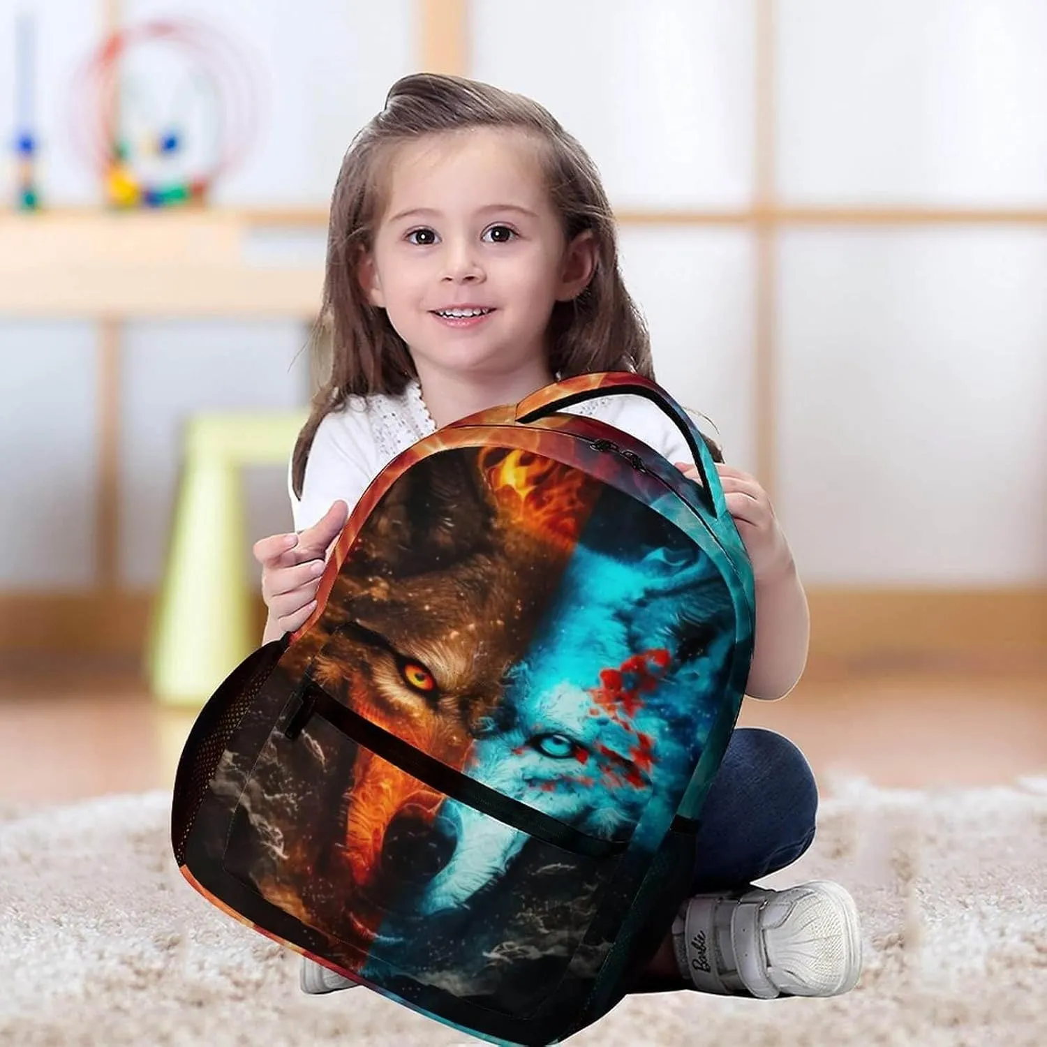 Wolf School Backpack for Kids Girls Boys, 16 Inch Cool Wolf Themed Bookbag, Personality School Backpack for Students Children, Lightweight, Large Capacity